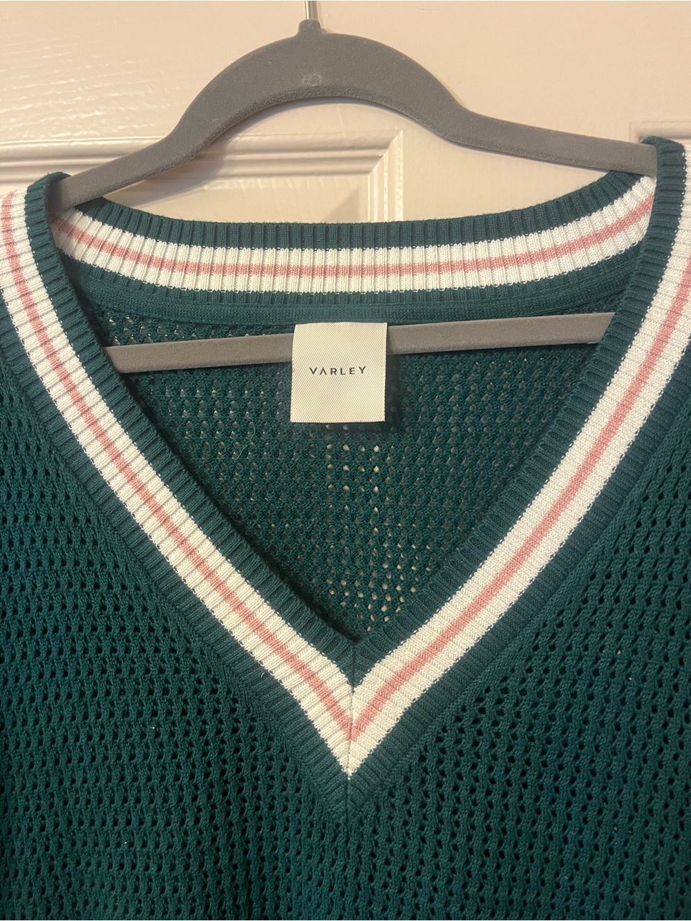 Varley Forest Green V-Neck Knit Sweater with White and Pink Trim - Picture 2 of 4